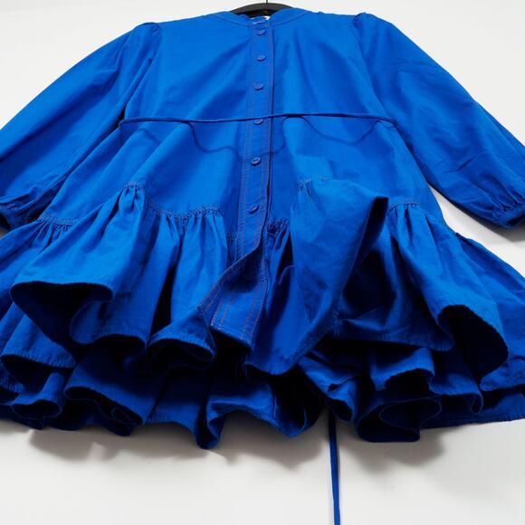 Zara Cobalt Blue Mini Dress Sz S Balloon Sleeves Tiered Ruffle - Picture 3 of 15